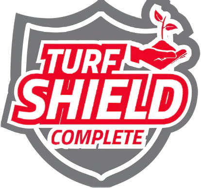 Gray shield outline with red hand holding sprouting plant.