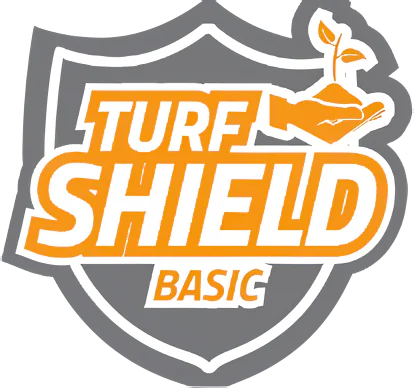 Orange hand holding sprouting plant above TURF SHIELD BASIC text.