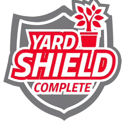 Gray shield outline with red plant and Yard Shield Complete text.